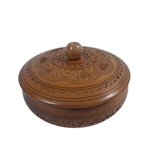 Vintage Round Wooden Hand Carved Lidded Trinket Bowl Brown